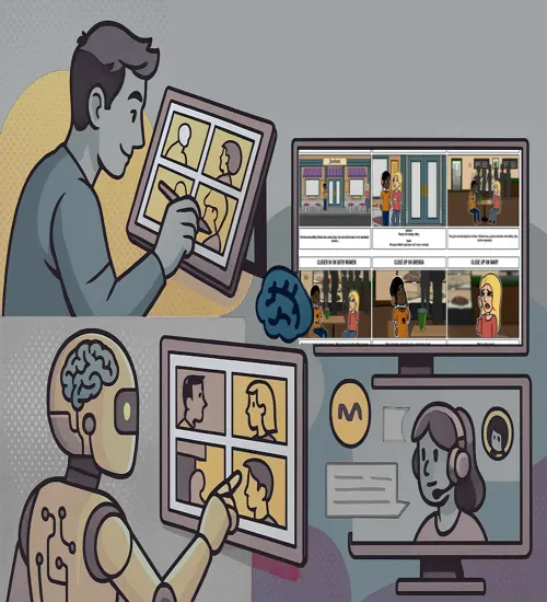 Illustration of a human and a robot collaboratively creating digital comic storyboards on tablets and computers, highlighting how to storyboard a comic using AI tools like Murphy and develop animation storyboard ideas for multimedia storytelling.








