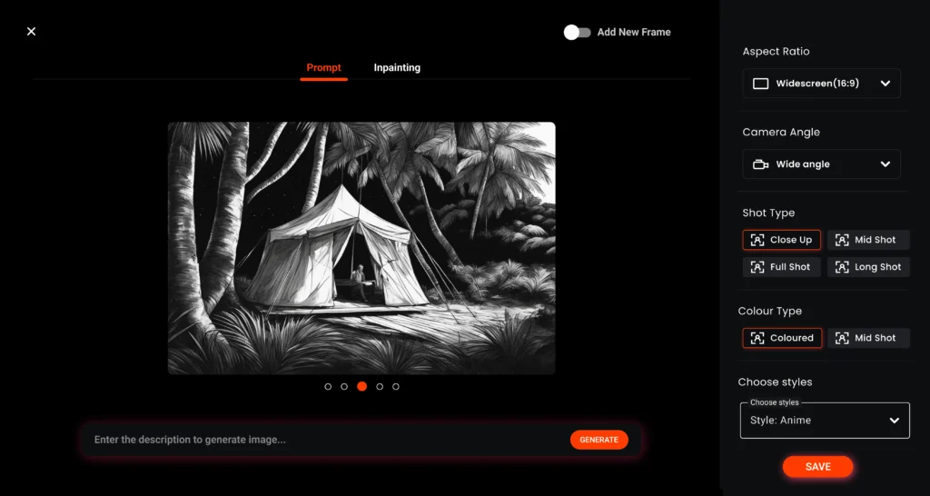 User interface of an online storyboard creator showing an AI-generated black and white sketch of a tent in a jungle, highlighting features like wide angle, shot type, and style options for creating storyboards online.