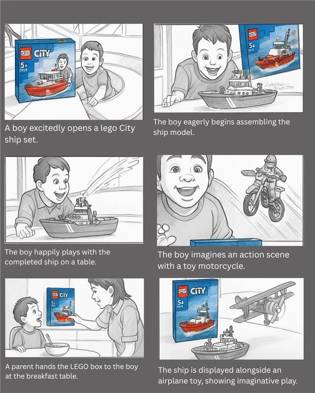 Sequential ad storyboard showing a young boy excitedly opening a LEGO City ship set, assembling it, and engaging in imaginative play, used for a promotional TV commercial.