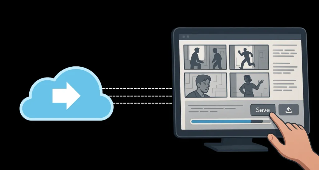 Illustration of a cloud syncing storyboards to a computer screen, emphasizing how the best storyboard software for filmmakers enables cloud-based access for real-time updates from any device.