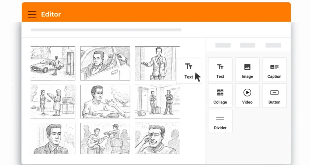 Storyboard editor interface with sketch panels and drag-and-drop options for text, images, and video, showcasing how the best storyboard software for filmmakers simplifies design with an intuitive layout.