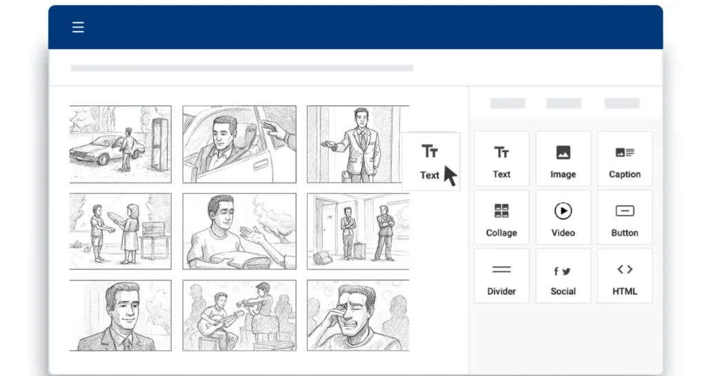 Interface of a storyboard video editor with drag-and-drop functionality showing sketch frames and editing tools like text, image, video, and collage, ideal for video creators and storyboard makers