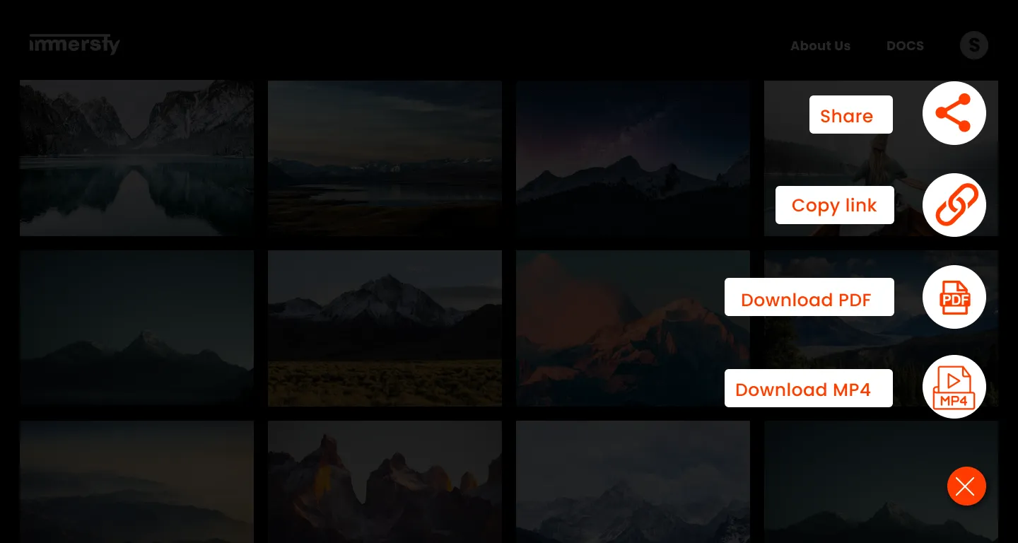 Immersfy storyboard editor showing export and sharing options including download as PDF or MP4 and shareable link for client collaboration