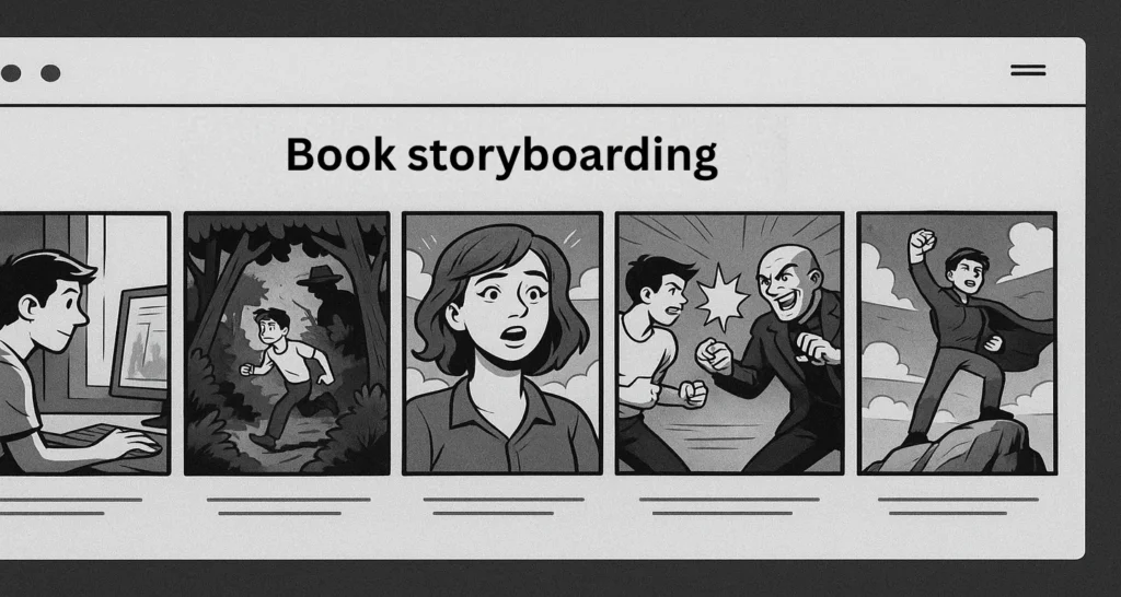 Comic-style storyboard showing a writer at work, followed by dramatic scenes of a character’s journey and transformation—illustrating a smooth workflow from storyboarding to final illustration. Keywords: book storyboard, storyboarding books, storyboard for book, creating a storyboard for a book.