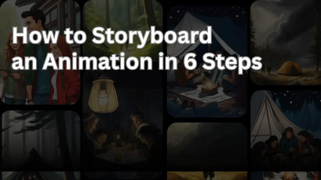 Collage of animated storyboard scenes including campers around a fire, lantern-lit settings, and forest backgrounds, with overlaid text "How to Storyboard an Animation in 6 Steps," representing visual planning for animated storytelling.