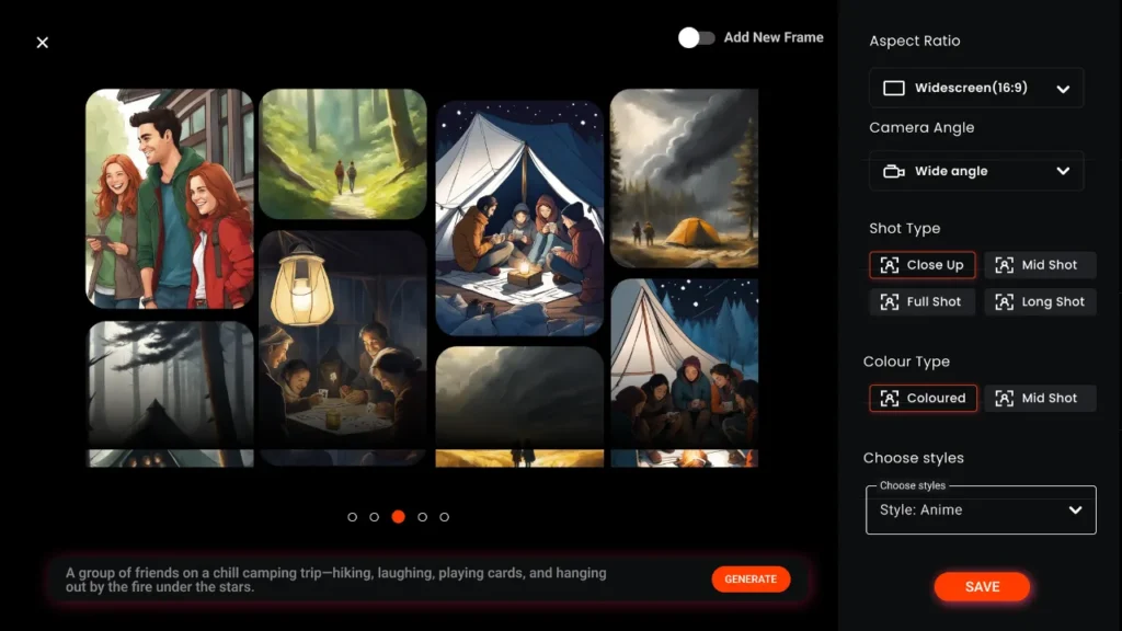 Screenshot of the Immersfy storyboarding tool showing storyboard frames of friends camping, with UI options for aspect ratio, camera angle, shot type, and style selection, highlighting the platform’s AI-assisted and manual animation storyboard capabilities.