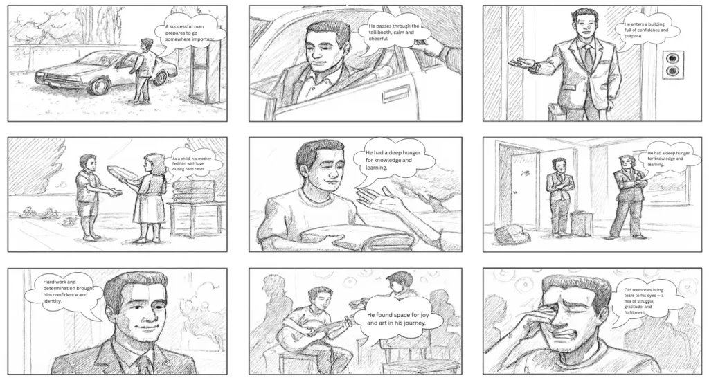 Hand-drawn storyboard panels depicting a man’s journey from childhood struggles to adult success, illustrating interactive scene mapping to help writers structure and organize a book’s narrative flow. Keywords: book storyboard, storyboarding books, storyboard for book, creating a storyboard for a book.