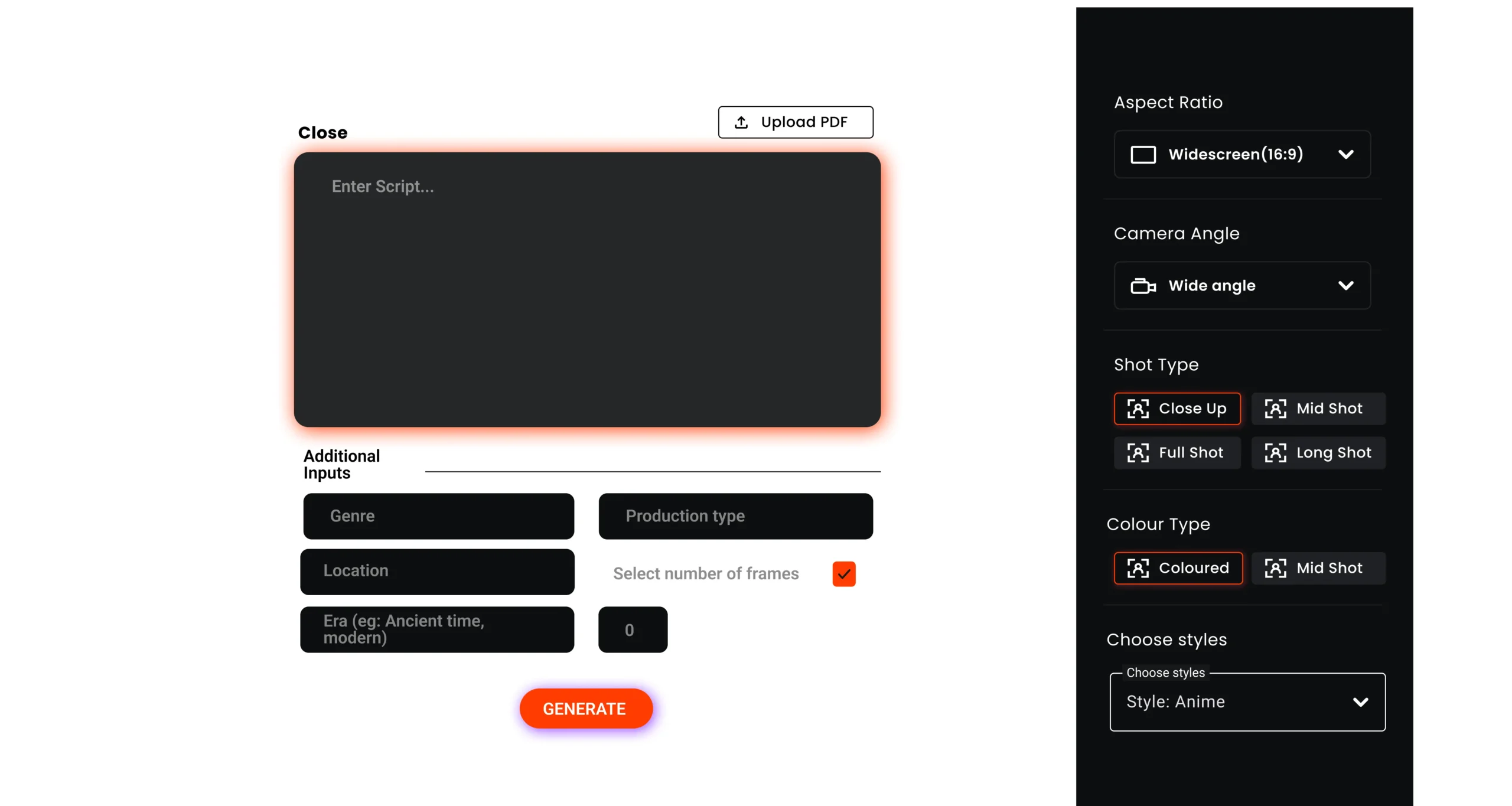 Immersfy storyboard composer interface for importing scripts and generating visual panels instantly, with options for genre, shot type, and camera angle configuration