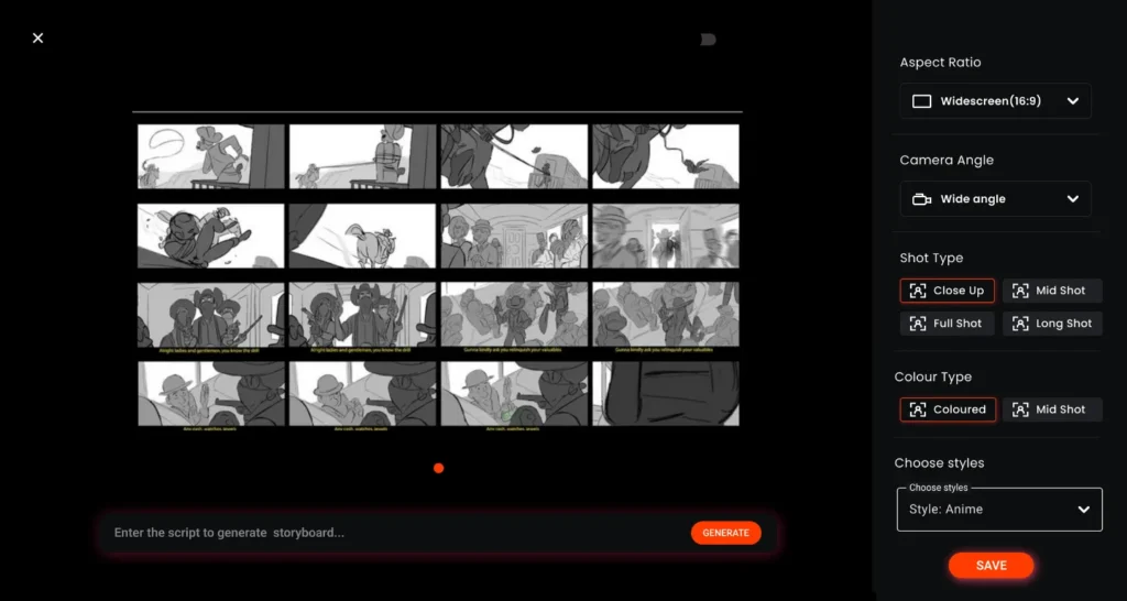 Interface displaying automatic conversion of a written script into storyboard panels with customizable shot types, color, and style—streamlining the process of creating a storyboard for a book. Keywords: book storyboard, storyboarding books, storyboarding for writers, storyboard for book.