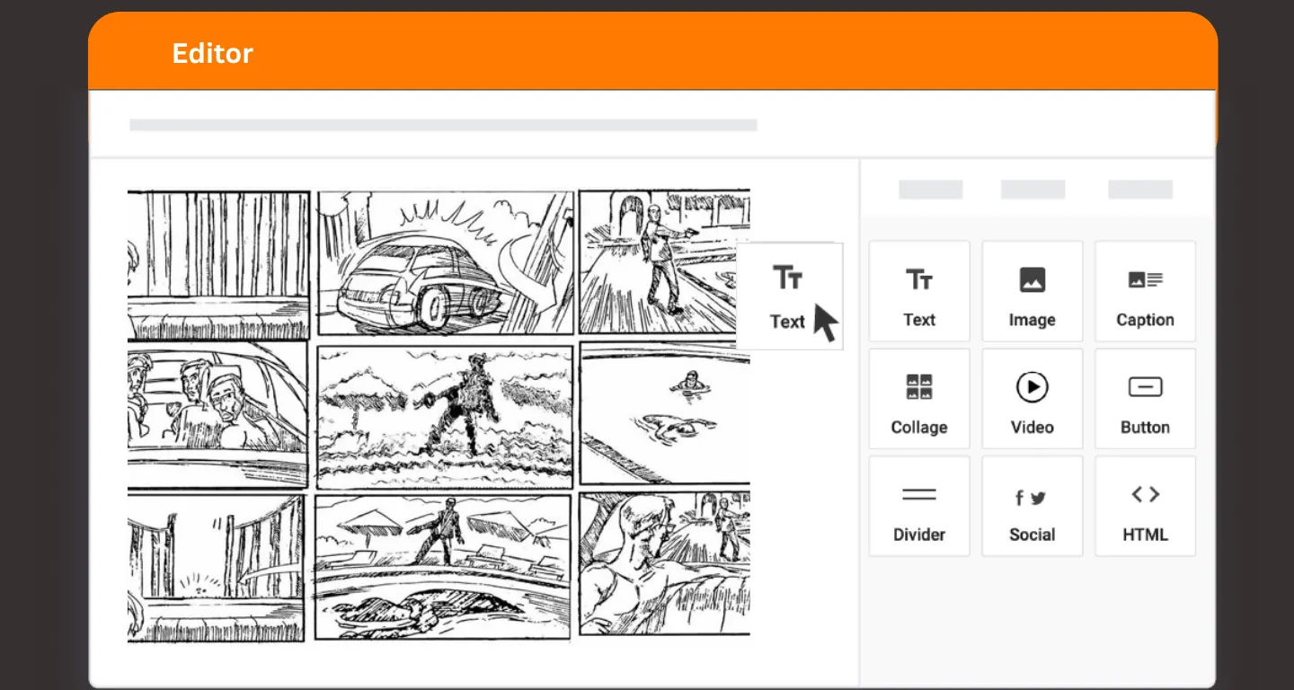 Storyboard editor interface showcasing Immersfy’s drag-and-drop panel builder with visual layout tools for planning and composing storyboards