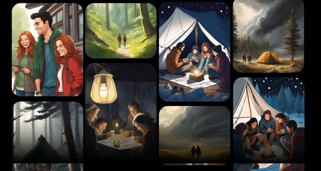 Illustrated storyboard frames showing scenes of friends hiking, camping, and playing cards, demonstrating animatic mode in the best storyboard software for filmmakers to preview pacing and transitions before shooting.