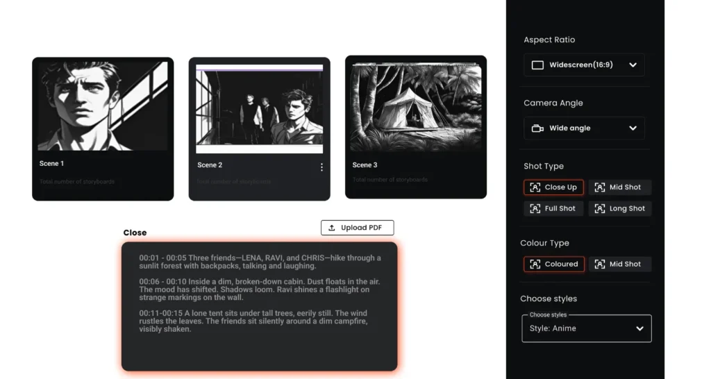 Storyboard dashboard with three scene previews and synced script excerpts, illustrating how movie storyboard software keeps screenplay edits aligned with visual panels using the best storyboard software for filmmakers.