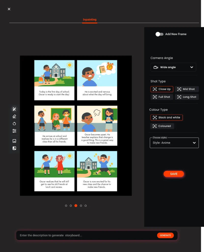 Storyboard composer interface displaying six-panel animated scene about a child's first day of school, highlighting storyboard editor features like camera angle, shot type, and style selection in a digital storyboarding tool.