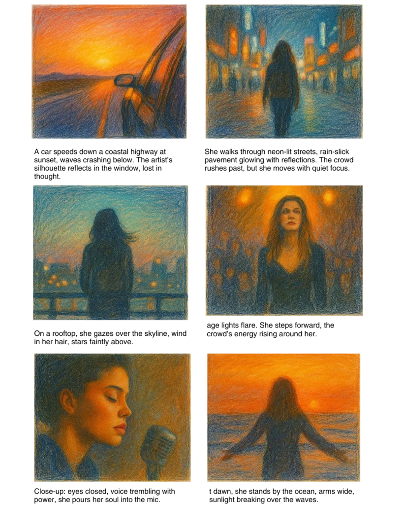 Colorful storyboard for music video showcasing emotional scenes like sunset drives, city walks, ocean views, and singing moments—ideal music video storyboard sample created using Immersfy’s AI storyboard tool.