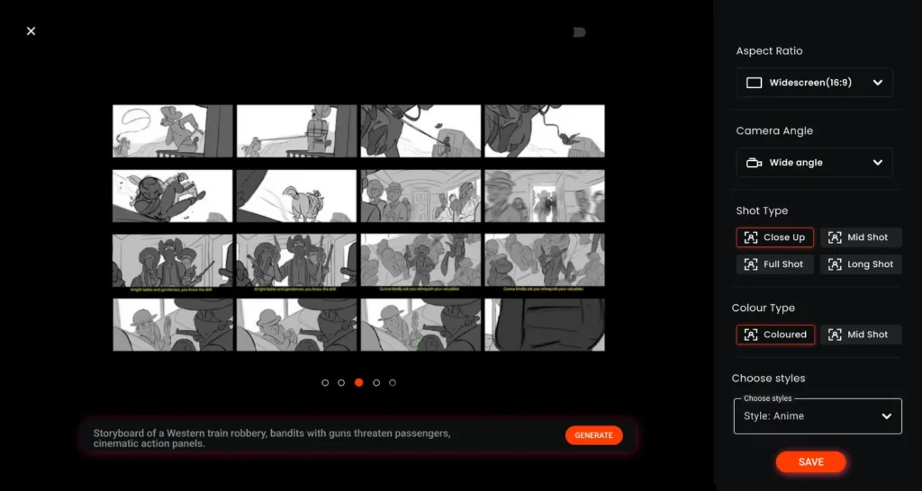 AI-assisted storyboard editor showing an action-packed Western train robbery scene with automated shot suggestions and layout controls—ideal for building a storyboard for marketing campaign or cinematic content faster and smarter.
