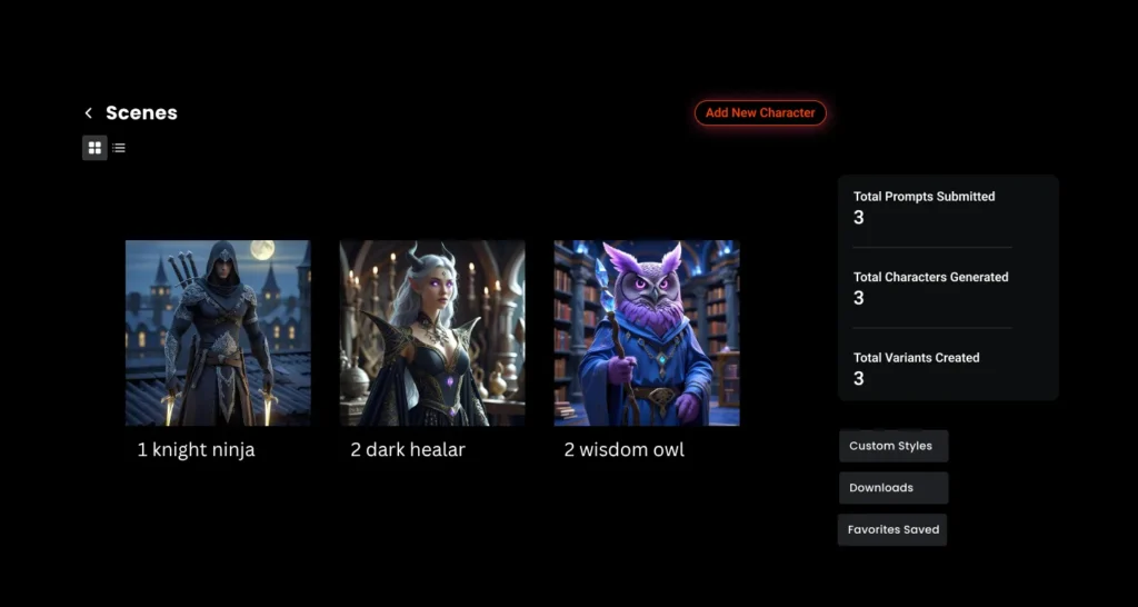 Immersfy AI character generator interface showing generated characters including a knight ninja, dark healer, and wisdom owl, with options for customization and style selection
