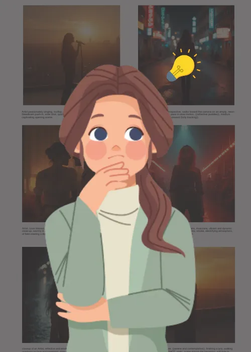 Animated character thinking with lightbulb icon, symbolizing creative inspiration while using Immersfy’s AI-powered music video storyboard tool designed for syncing scenes with rhythm and enhancing pre-production.