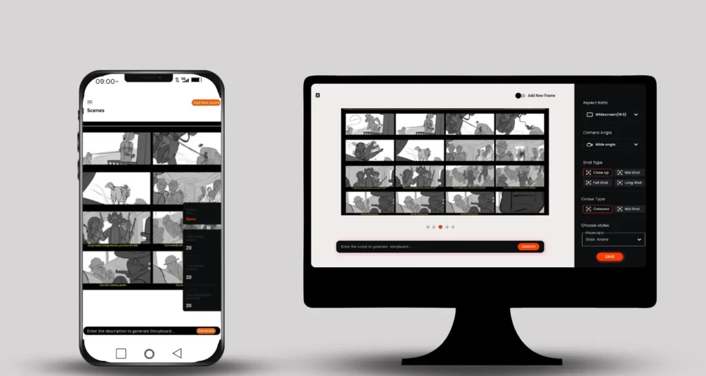Responsive music video storyboard editor shown on smartphone and desktop, allowing users to create and customize storyboard for music video across devices with flexible shot and style options.