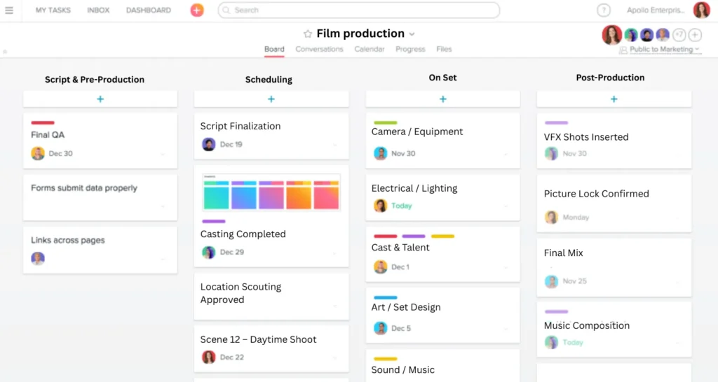 Digital project management board showing script, scheduling, on-set, and post-production tasks, representing a department-wise film budget template that segments expenses by production phase for efficient cost tracking.