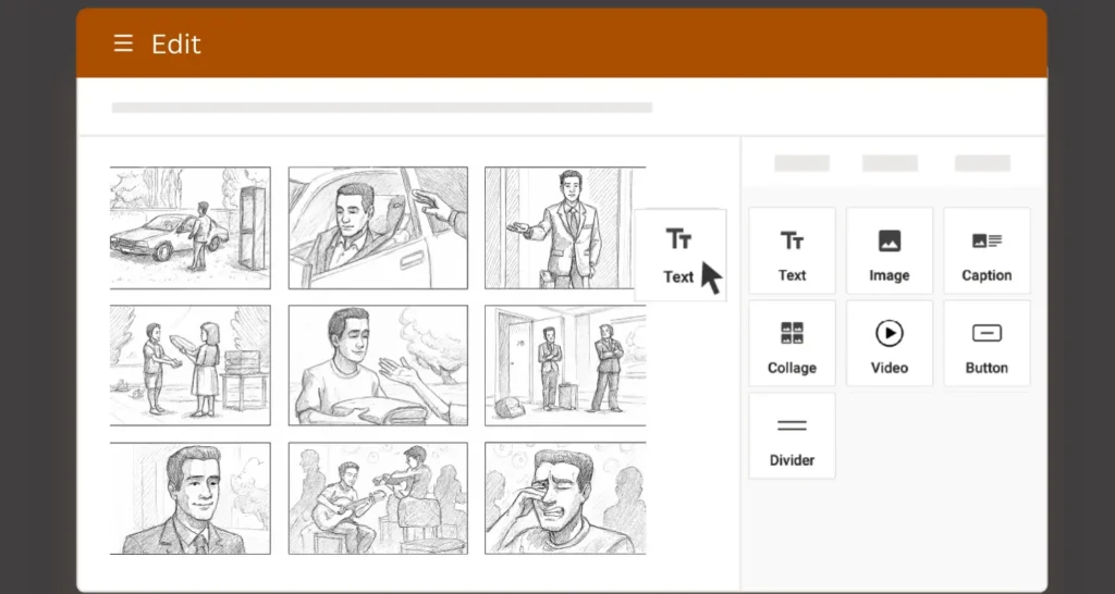 User-friendly drag-and-drop editor displaying storyboard for music video with hand-drawn scenes, allowing easy layout customization and scene arrangement using Murphy’s music video storyboard template.