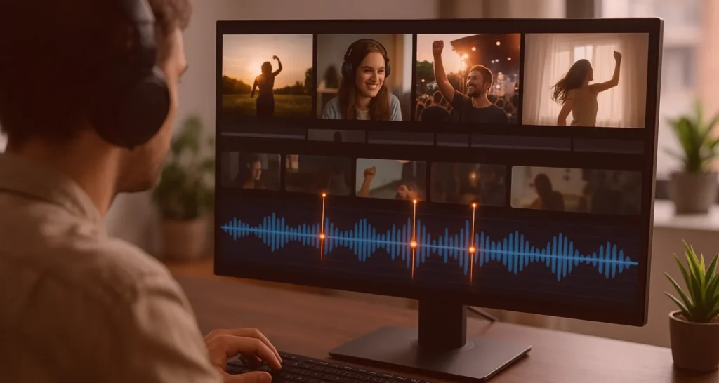 Person editing music video storyboard on computer using AI-assisted beat detection to sync video clips with music rhythm—ideal for creating storyboard for music video with Murphy’s smart editing tool.