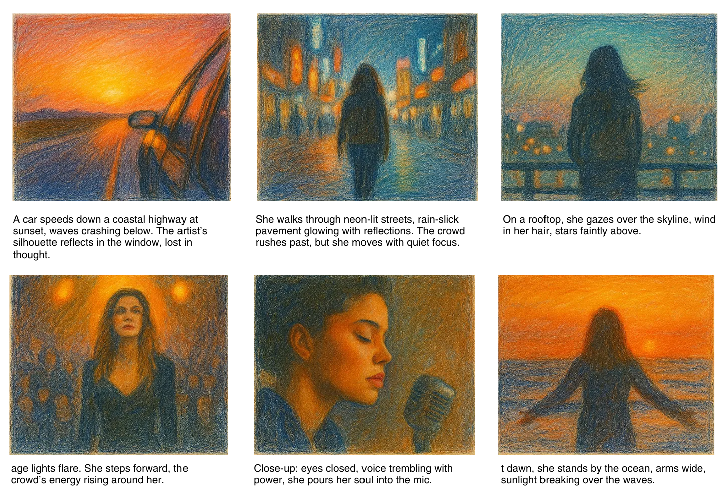 Six-frame music video storyboard sample featuring sunset drives, city walks, reflective moments, and powerful stage performances—created using Murphy’s free storyboard music video template for emotional pacing and visual flow.
