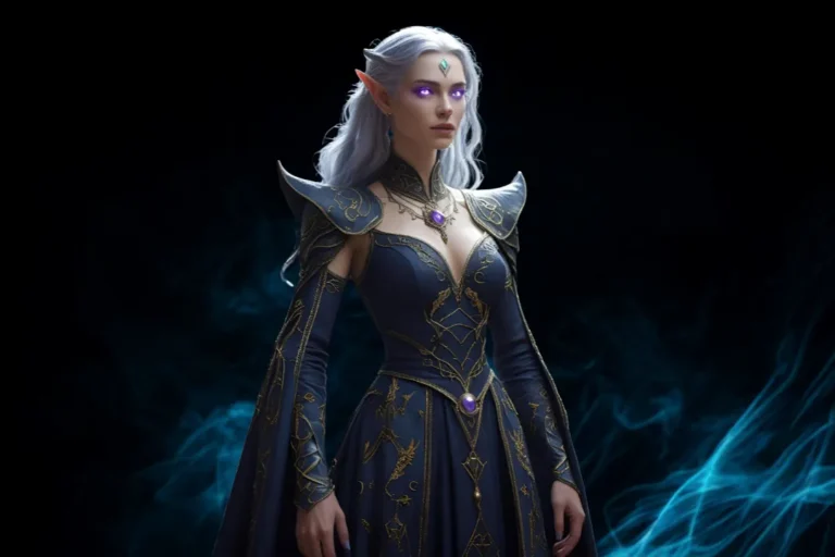 Elegant elf sorceress with glowing purple eyes and intricate armor, created using Immersfy AI character maker for fantasy game and story development