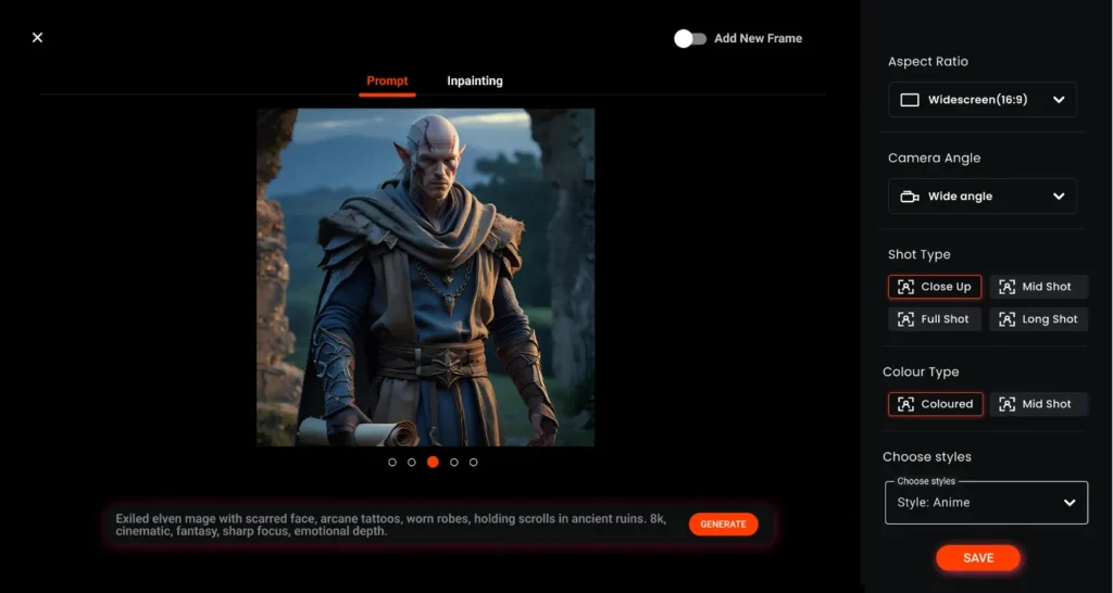 Immersfy AI character generator showing an exiled elven mage with arcane tattoos and scrolls, created using AI-powered tools for generating lifelike characters with backstories and emotional depth