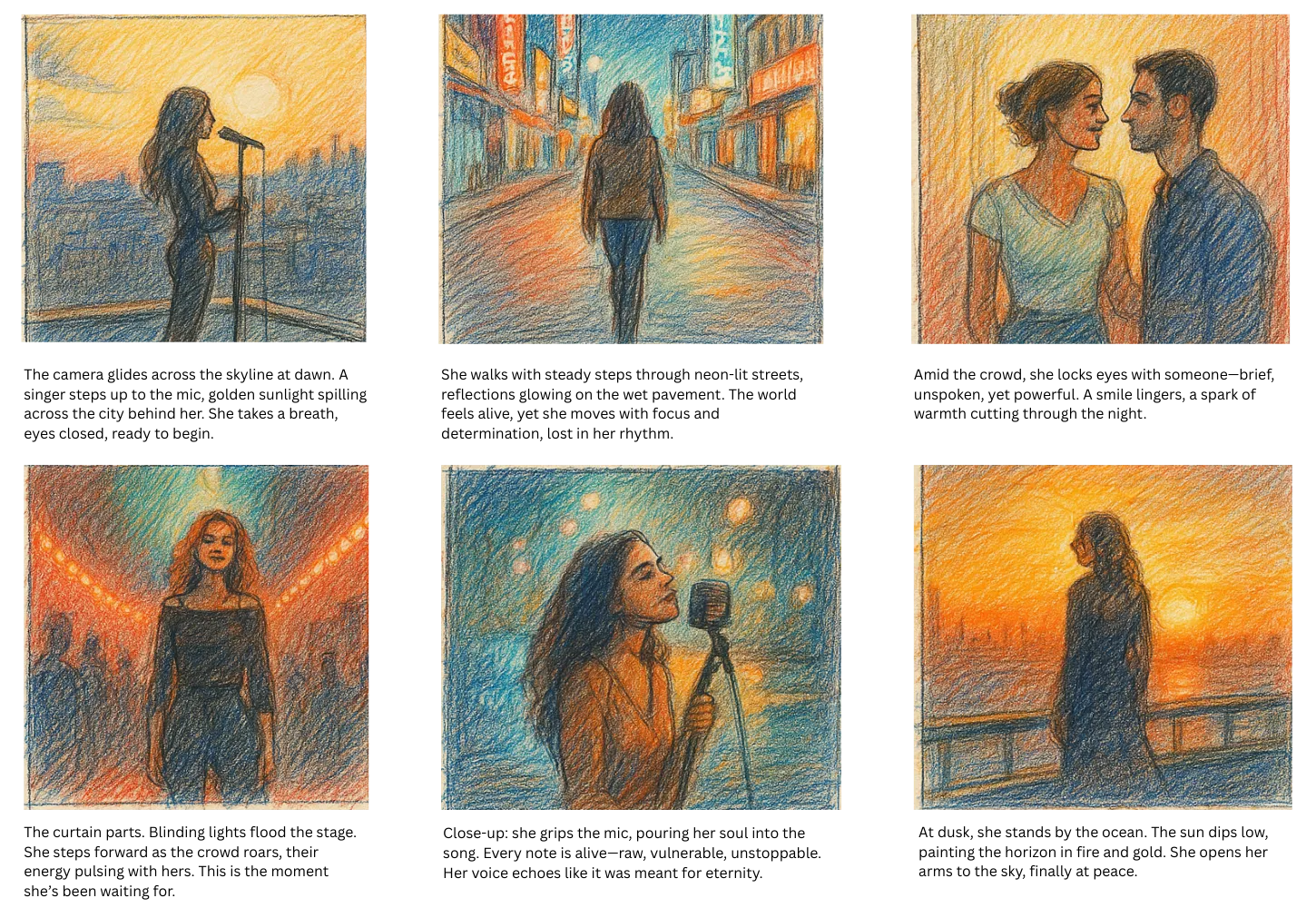 Six illustrated scenes from a music video storyboard sample showing performance, narrative, and emotional moments—part of Murphy’s free music video storyboard templates to help creators plan quickly and visually.