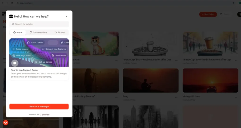 Live support chat window in Murphy's interface offering ticket tracking, feature requests, and setup help—expert assistance to streamline storyboard creation for marketing campaigns and content marketing.