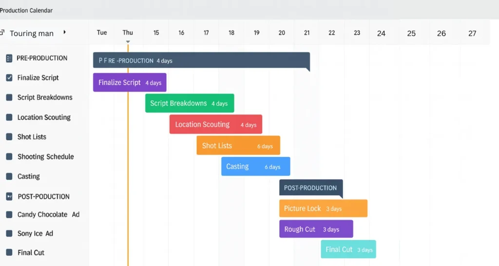 Color-coded production calendar showing phases like script finalization, location scouting, and post-production, highlighting how location scouting SaaS streamlines budgeting and scheduling for film projects.