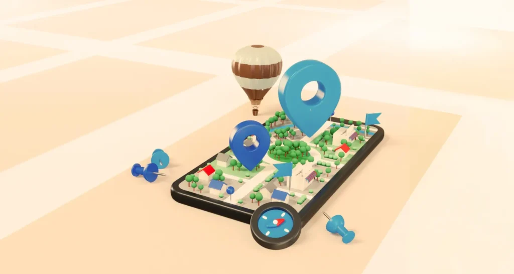 3D illustration of a mobile device displaying a miniature map with location pins, trees, and a hot air balloon, representing GPS features in a location scouting SaaS for planning, tracking, and pinning filming coordinates.