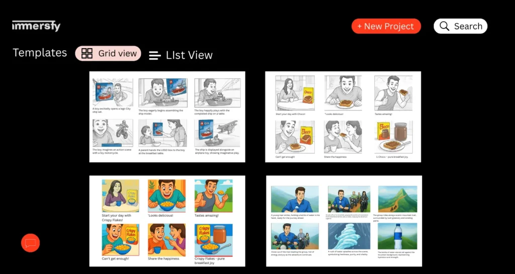 Murphy dashboard showing storyboard for marketing campaign templates in grid view, including visual layouts for toy promotions, breakfast cereals, and bottled water—ideal for storyboards for content marketing, ads, and branded videos.