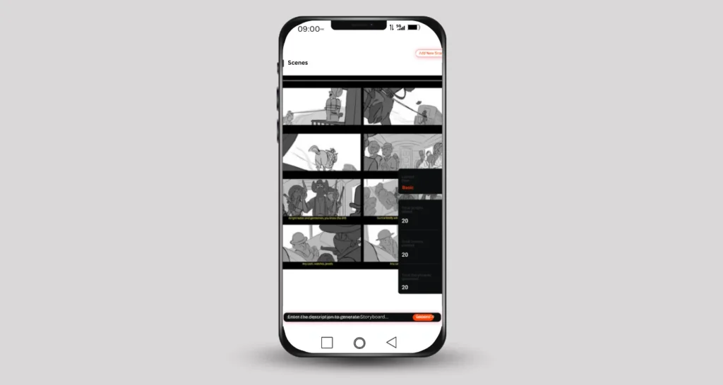 Storyboard for stop-motion animation displayed on a mobile screen, showcasing a user-friendly app interface for capturing references, generating thumbnails, and editing scenes from anywhere.