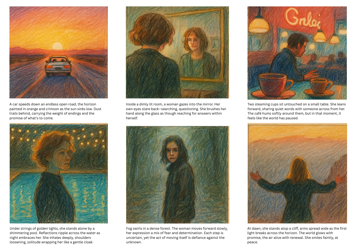 Six-panel storyboard for music video featuring cinematic moments like sunset drives, emotional reflection, and dramatic encounters—created using Murphy’s free music video storyboard template for narrative pacing and visual storytelling.