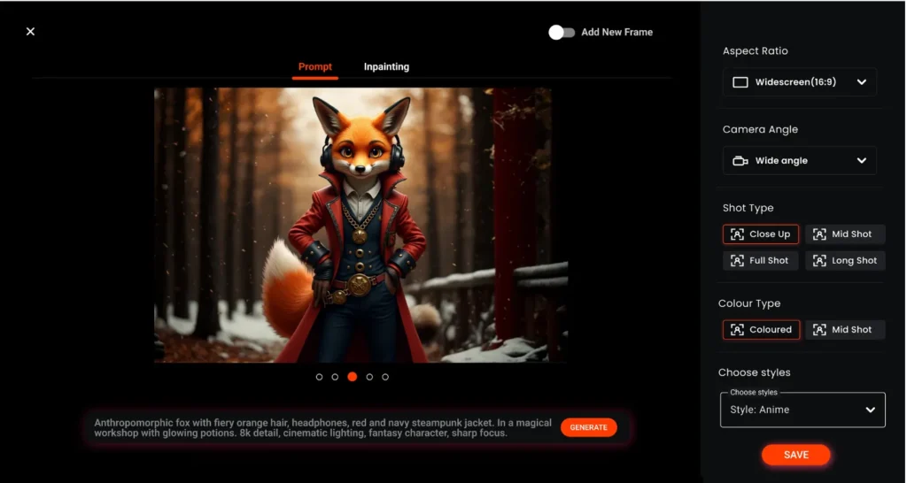 Screenshot of Murphy’s online AI character generator showing an anthropomorphic fox in a steampunk jacket, with customization options for shot type, style, and camera angle