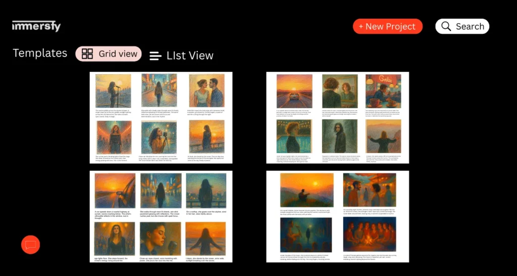 Grid view of music video storyboard sample pages with AI-generated scenes and captions, using professional-grade storyboard templates to help users quickly plan and visualize their video projects.