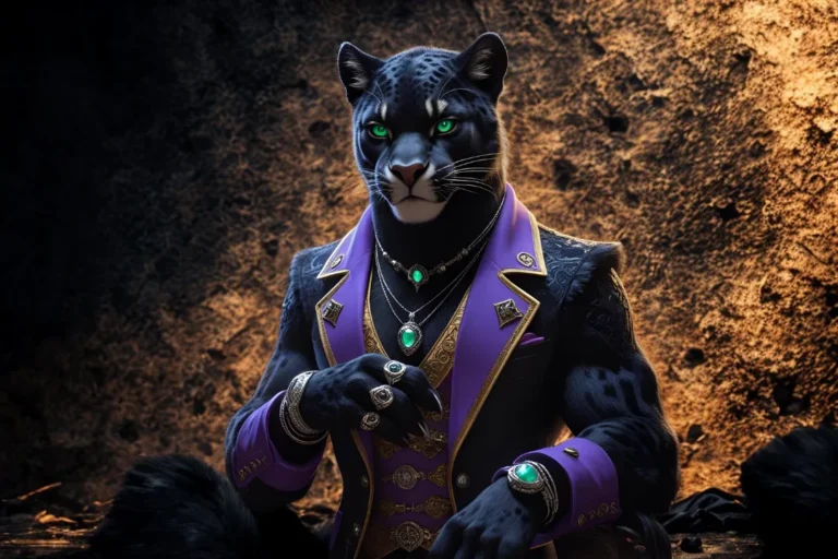 Elegant black panther in a purple and gold suit adorned with emerald jewelry, designed using Immersfy AI game character maker for fantasy storytelling and RPGs