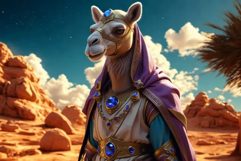 Regal llama adorned in jeweled robes and headpiece, standing in a desert landscape, created using Immersfy AI character maker for fantasy game storytelling