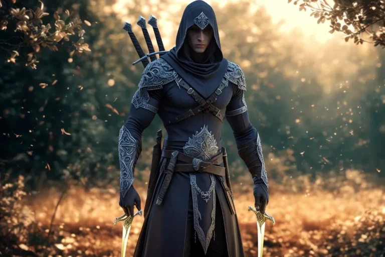 Hooded assassin with ornate armor and twin golden swords, generated using Immersfy AI character generator for fantasy RPG and game development
