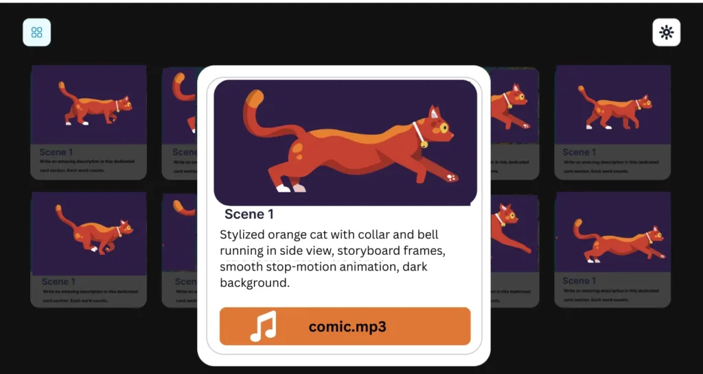 Storyboard for stop-motion animation showing a stylized orange cat running in side view with collar and bell, presented as animatic preview with comic.mp3 audio placeholder on a dark background.
