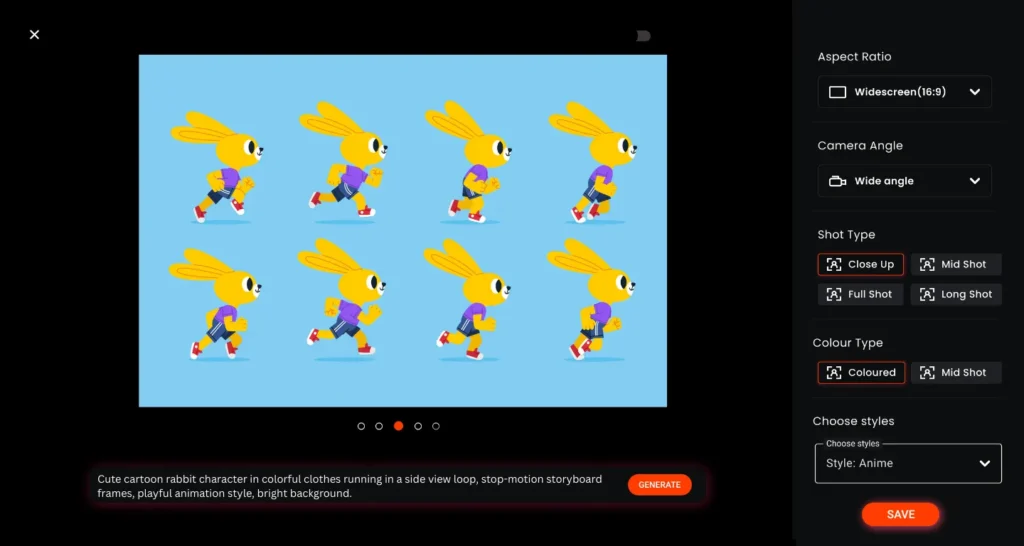 Stop-motion animation storyboard featuring a cartoon rabbit running in a side view loop, used with auto-generated dope sheets and shot lists for streamlined animation production planning.