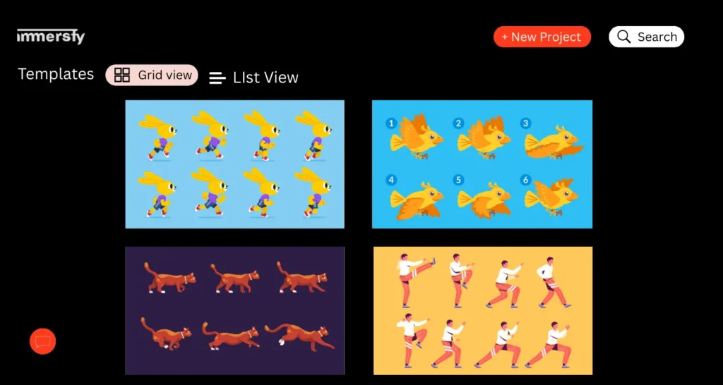 Grid view of storyboard templates for stop-motion animation featuring looped sequences of a running rabbit, flying bird, walking cat, and martial arts poses, designed to speed up production of ads, shorts, and social content.
