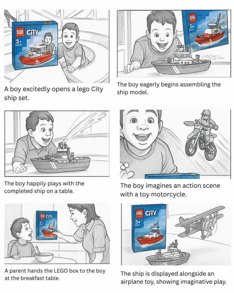 Storyboard for marketing campaign showing a child engaging with a LEGO City ship set—from unboxing and assembly to imaginative play—demonstrating how storyboards for content marketing help visualize narrative-driven messaging and campaign flow.