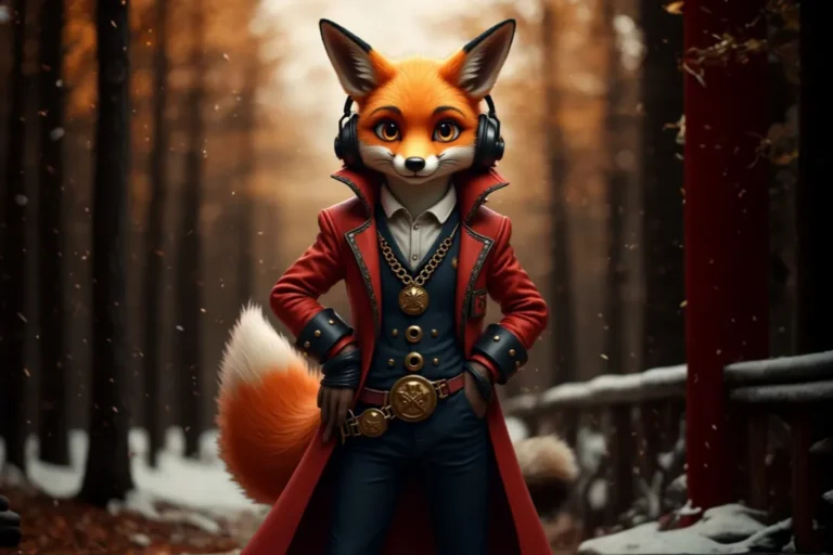 Anthropomorphic fox in a red coat and headphones created using Immersfy AI character maker for fantasy and game design projects