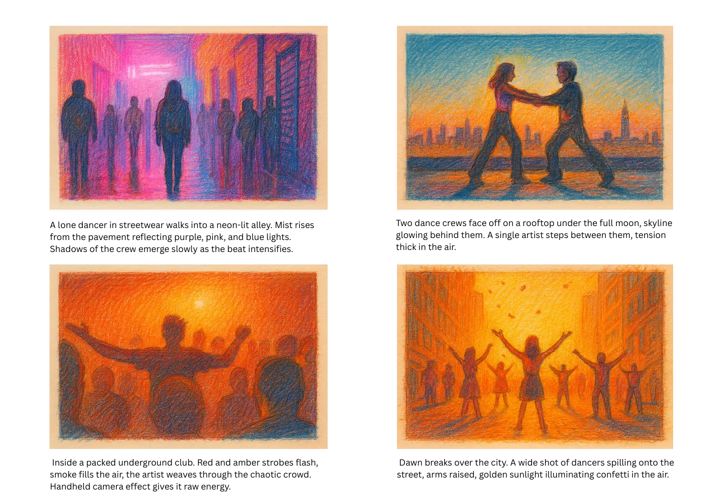 Four colorful storyboard frames showing crowd scenes, street dancing, and joyful city moments at sunset—created using Murphy’s free music video storyboard template for performance-driven storytelling.