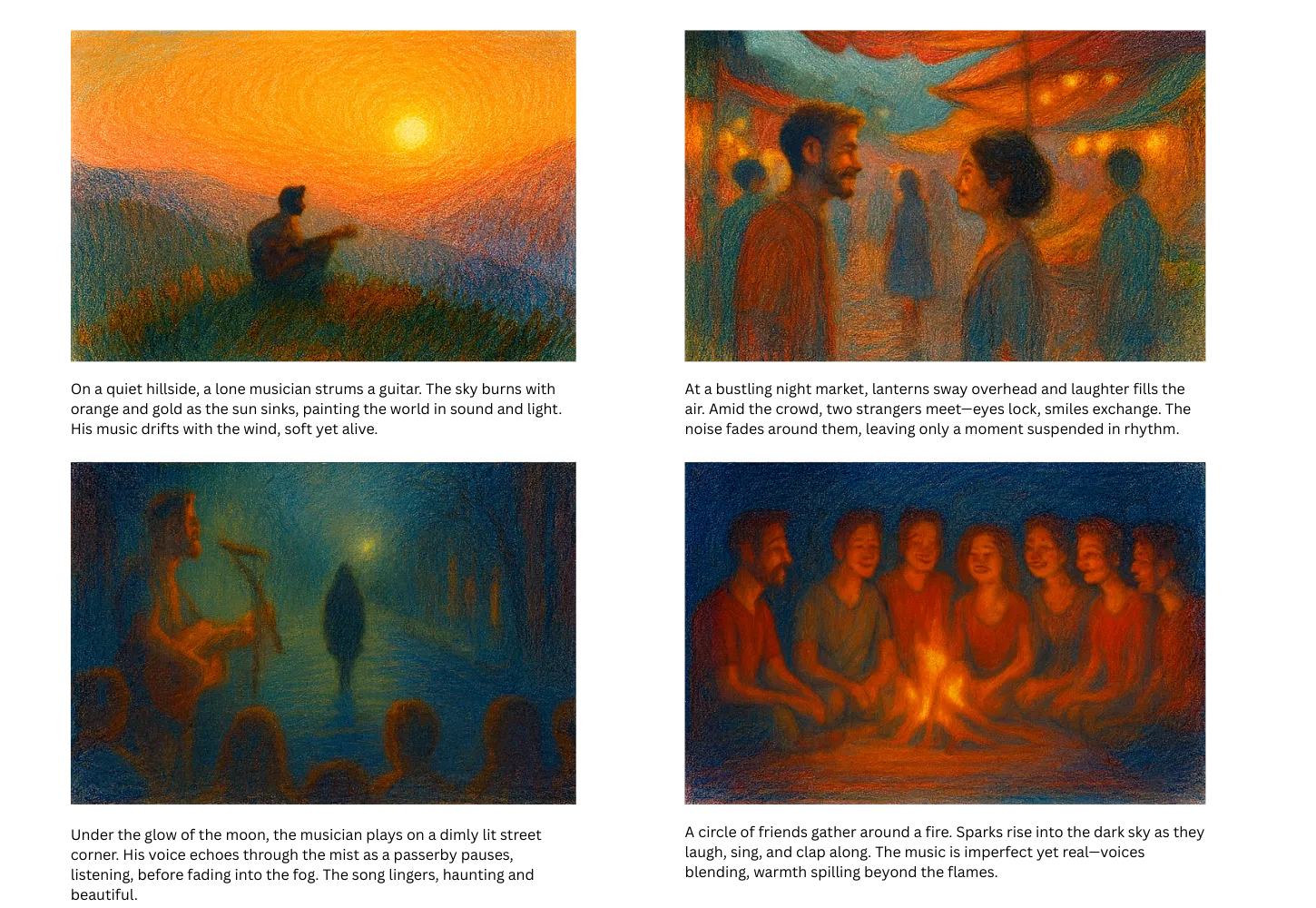 Four-scene music video storyboard sample with expressive moments like sunset guitar playing, lively market interaction, intimate performance, and friends around a campfire—created using Murphy’s free music video storyboard template for storytelling and emotional pacing.