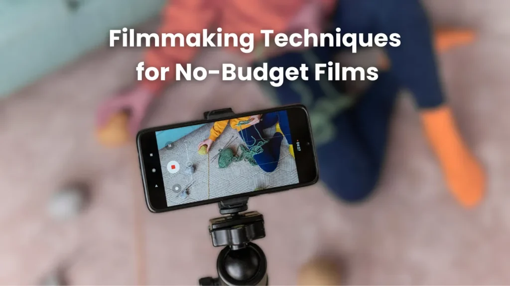 Smartphone mounted on a tripod recording a scene with natural lighting, representing creative filming techniques used in zero-budget filmmaking.