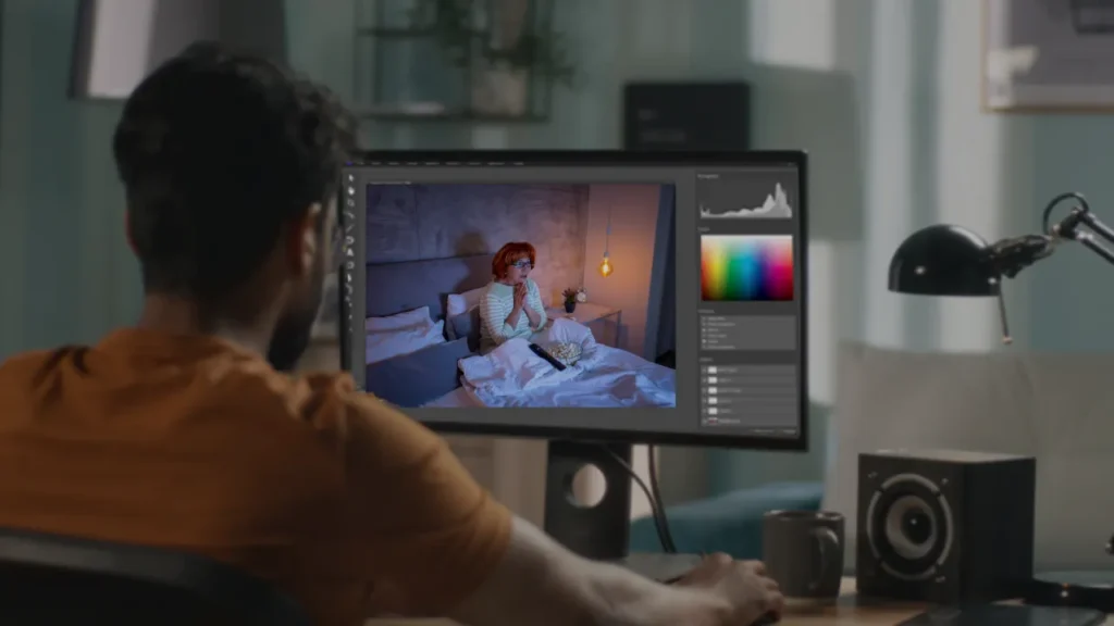 Filmmaker editing a movie scene on a desktop using free software, showcasing color grading and timeline adjustments as part of post-production for zero-budget filmmaking