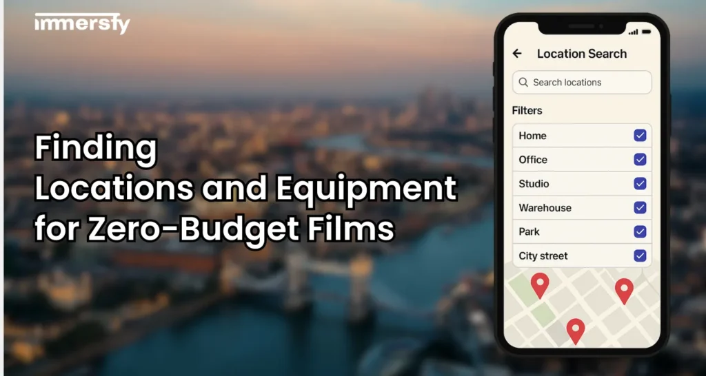 Smartphone screen showing a location scouting app with location filters like home, studio, and park, over a blurred cityscape background—representing resourceful location and equipment planning for zero-budget filmmaking.